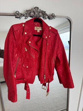Red Leather Michael Kors Moto Jacket with Gold Hardware